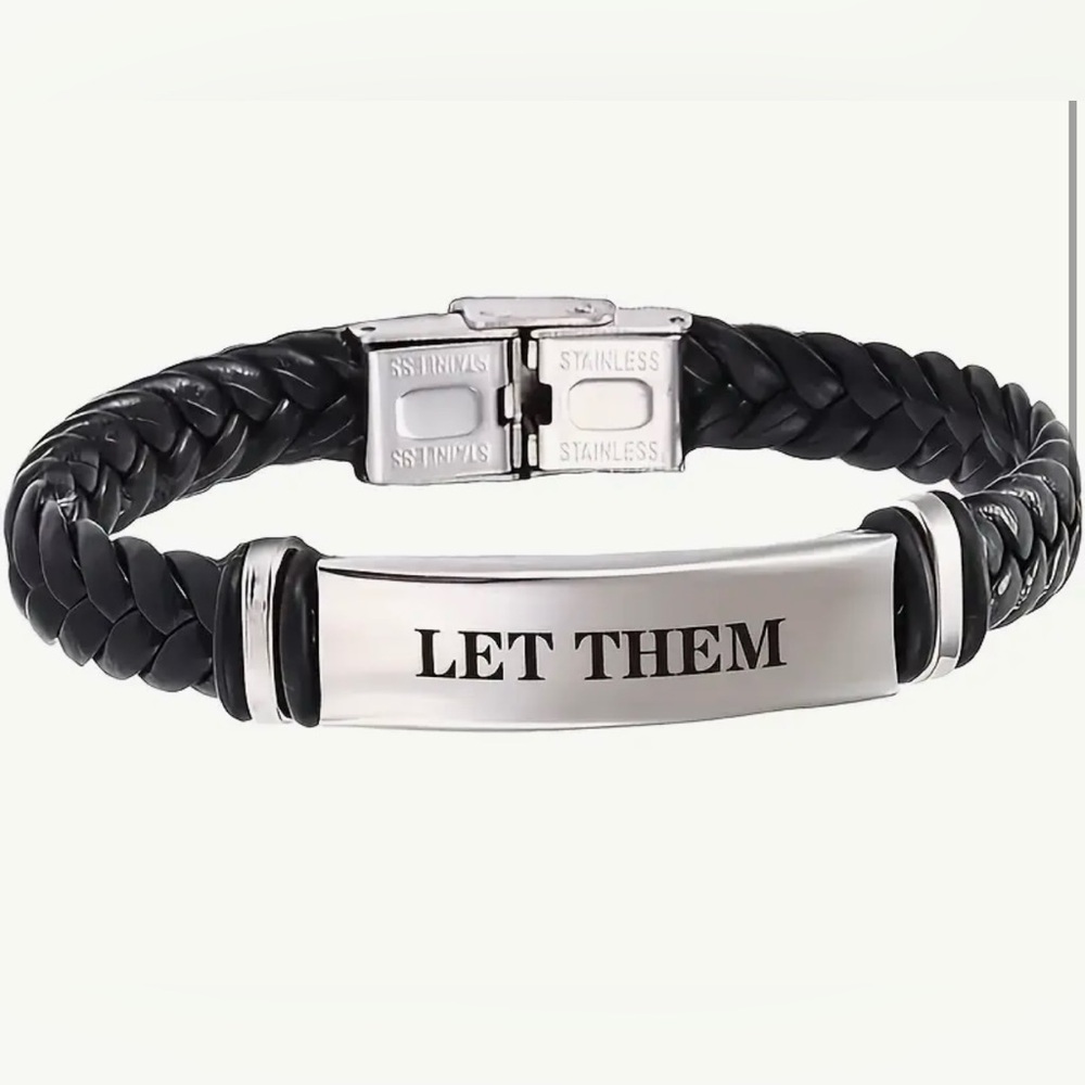 Black & Silver LEATHER Braided Bracelet STAINLESS STEEL LET THEM custom fit